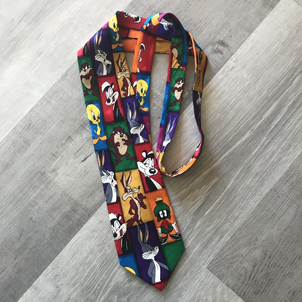 Vintage Looney Tunes Mania 100% Silk Neck Tie Color Block 90's